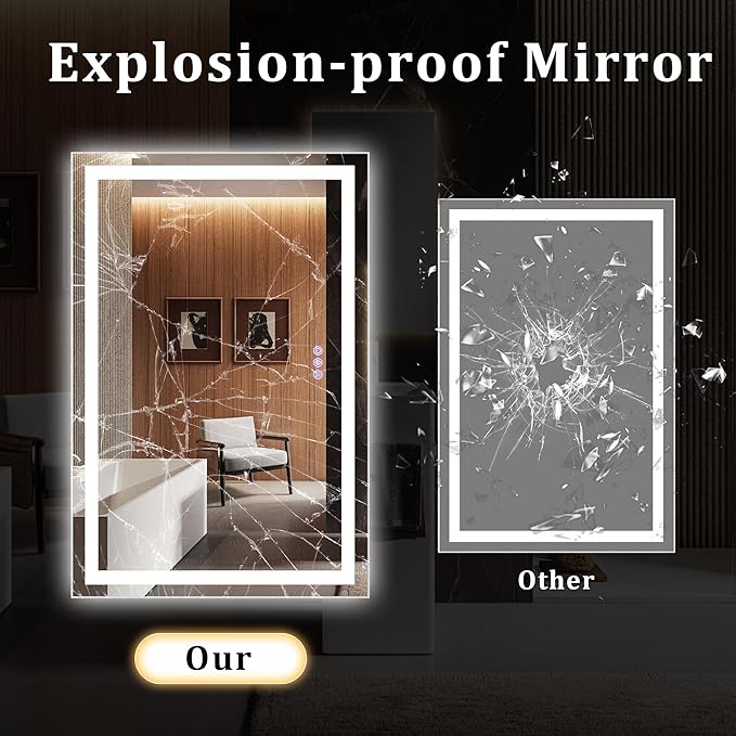48"x 32" LED Bathroom Mirror with Lights – Backlit & Front Lit Lighted Vanity Mirror for Wall with Dimmable Lights 3 Colors – Adjustable Brightness, Anti-Fog, Shatterproof Tempered Glass