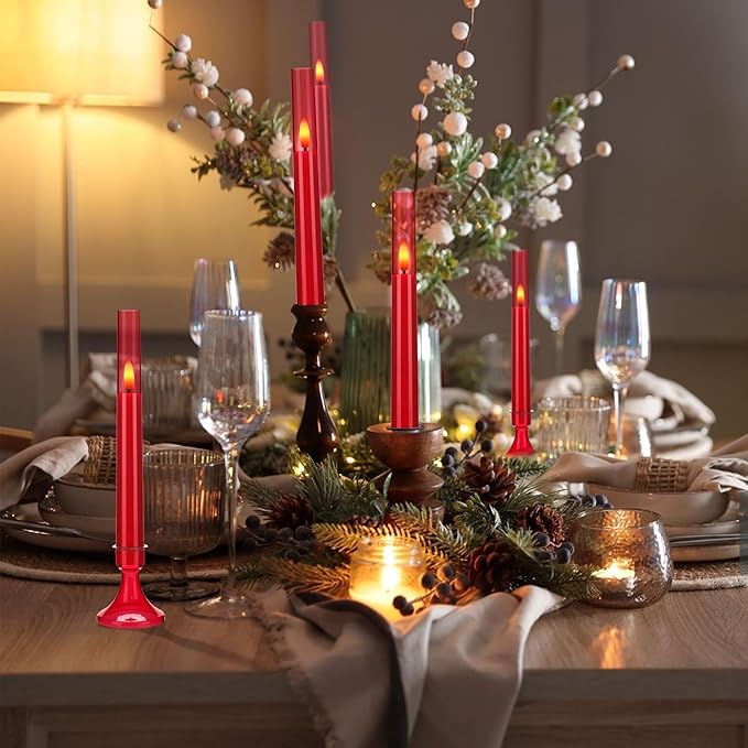 Red Flameless Taper Candles with Remote and Timer,Valentine Flameless Candles with Holders, 6 Pack LED Battery Operated Candlesticks 9.25"x0.75" for Valentine’s Day, Christmas