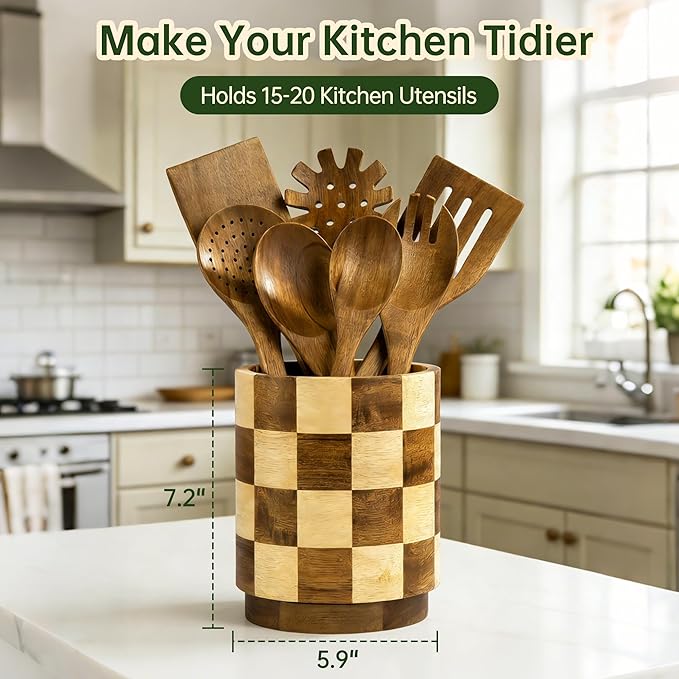 Wooden Utensil Holder, 360° Rotating Acacia Wood Kitchen Utensil Holder for Countertop, 7.2" Non-Slip Large Utensil Holder for Kitchen, Farmhouse Countertop Decor, Spatula Holders, Checkered