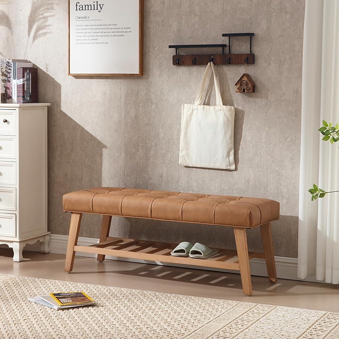 Entryway Shoe Bench Storage Benches with Upholstered Button Tufted Seat and Open Slatted Shelf PU Leather Ottoman Bench for Hallway Living Room Bedroom End of Bed, Brown