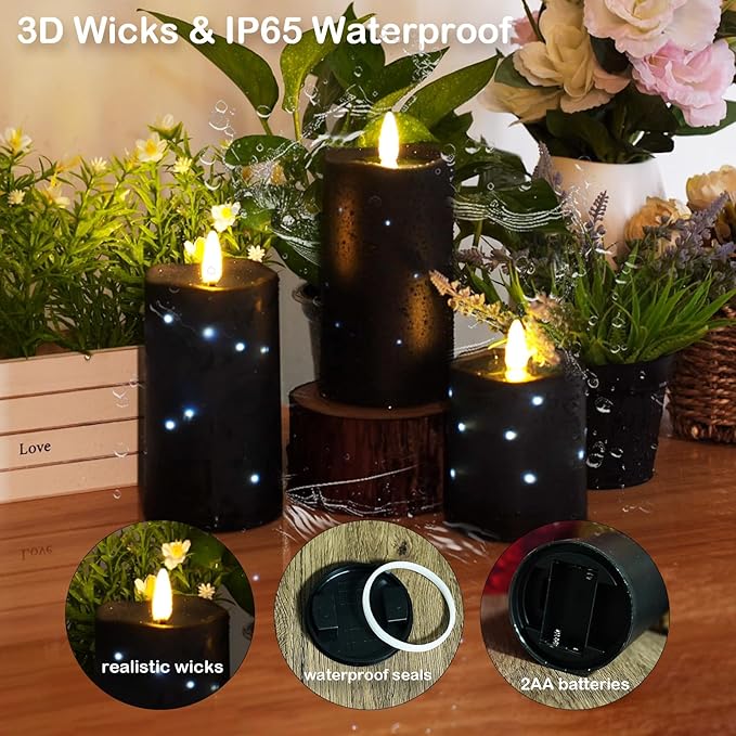 Flameless Candles Embeded Twinkle Starlight, Waterproof LED Flameless Candles with Remote, Plastics Realistic Pillar Candles for Home Decor, Outdoor Garden, Patio Decor 2pcs(Black)