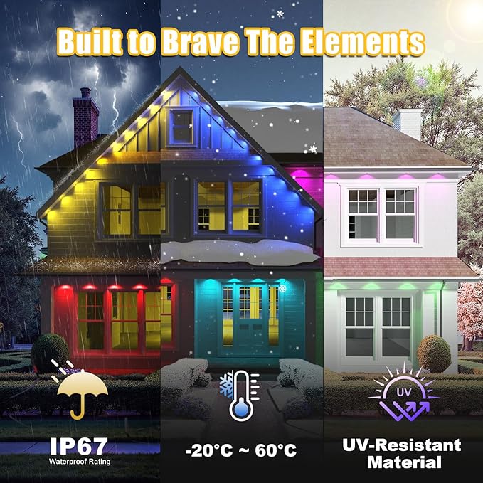 Permanent Outdoor Lights for House, 300ft RGB+IC Smart LED Eaves Lights, IP67 Waterproof Outdoor Lighting with App/Remote Control for Christmas, New Year, Halloween, Holiday, Party, Daily