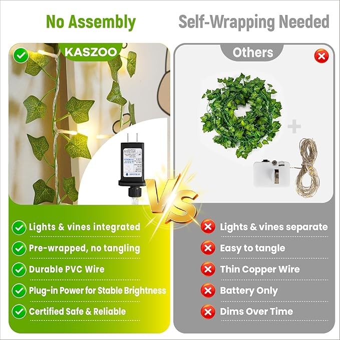 KASZOO 33FT 100 LED Ivy Vine Lights - PVC Plug in Leaf String Lights with Remote & Timer, Pre-Wrapped Garland for Bedroom Wall Garden Decor