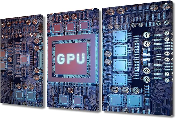 TUMOVO Modern GPU Card with Circuit and Colorful Lights Bathroom Decor Wall Art 3 Piece Motherboard Digital Chip Bedroom Decor Posters and Prints Framed Ready to Hang (36" Wx24 H)