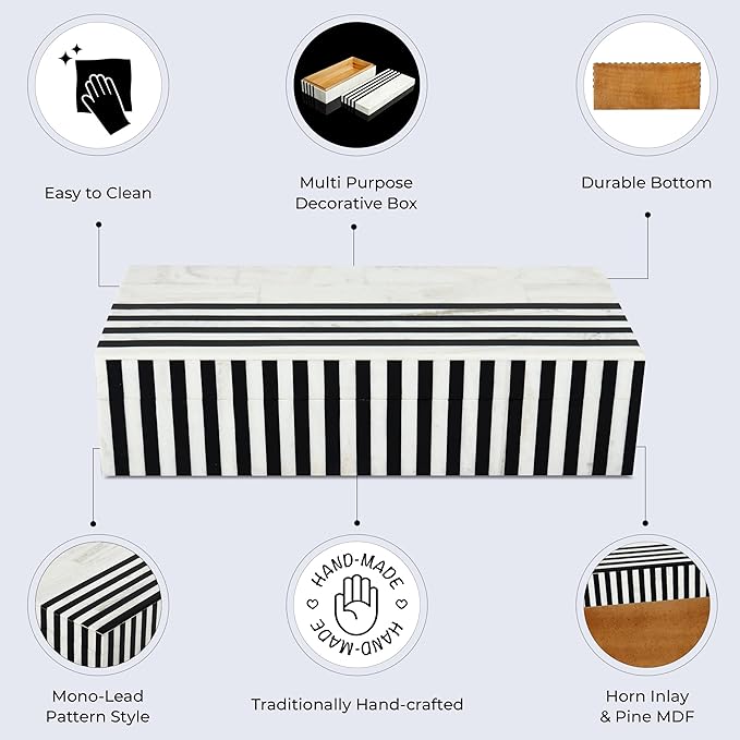 Handicrafts Home Large Decorative Storage Box with Lid – Black White Modern Storage Box, Remote Control Organizer for Coffee Table, Console & Living Room Decor – Mono Lead 12 x 6 x 2