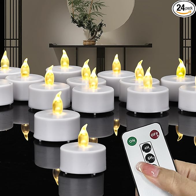 Tea Lights Candles Battery Operated with Remote Control, 24Pcs Flickering Flameless Candle with Timer, Long Lasting 400+Hours Led Electric Candle for Home Decor, Wedding, Party (WarmYellow)
