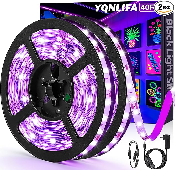 40FT Black Light Strip, Blacklight Flexible & Adhesive 720 LEDs, Black Light for Halloween, Neon Party, Birthday, Display Uranium Vaseline Glass, Posters, Curing Resin, Non-Waterproof Decor