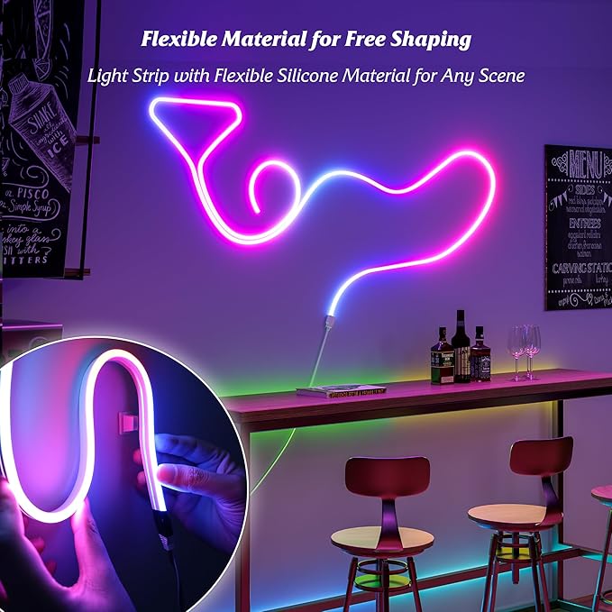 Smart LED Neon Rope Lights, WiFi Gradient RGB+IC Rope Lights Indoor with Remote, Waterproof Flexible DIY LED Strip Lights for Bedroom, Cuttable, Music Sync, Compatible with Alexa, 16.4ft