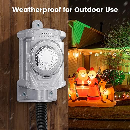 SURAIELEC 20 AMP 24 Hour Mechanical Timer Switch for Outdoor Electrical Boxes, 120V Power Control, for Waterproof Junction Box, RV Outlet, Driveway, Pool Light, Security System, Holiday Decorations