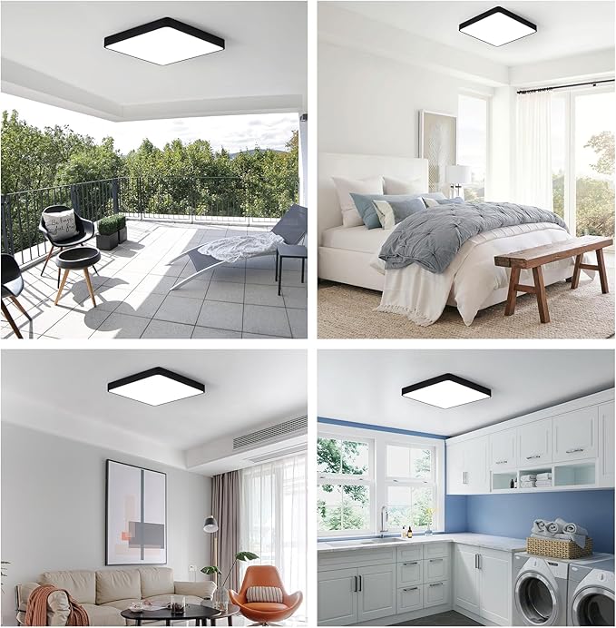 Ganeed 12 Inch 24W Flush Mount Square LED Ceiling Light, 6500K Cool White Flush Mount Light Fixture, 1440LM Bright Flat Ceiling Light Fixtures for Bedroom, Living Room, Hallway (Black-2 Pack)