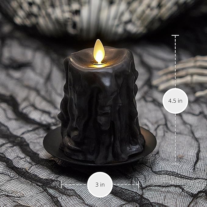 Luminara Heavy Wax Drip Flameless LED Candle, Black 3.4" x 4.5", Timer Function, Real Wax Pillar, Battery Operated Unscented Safe, Long-Lasting