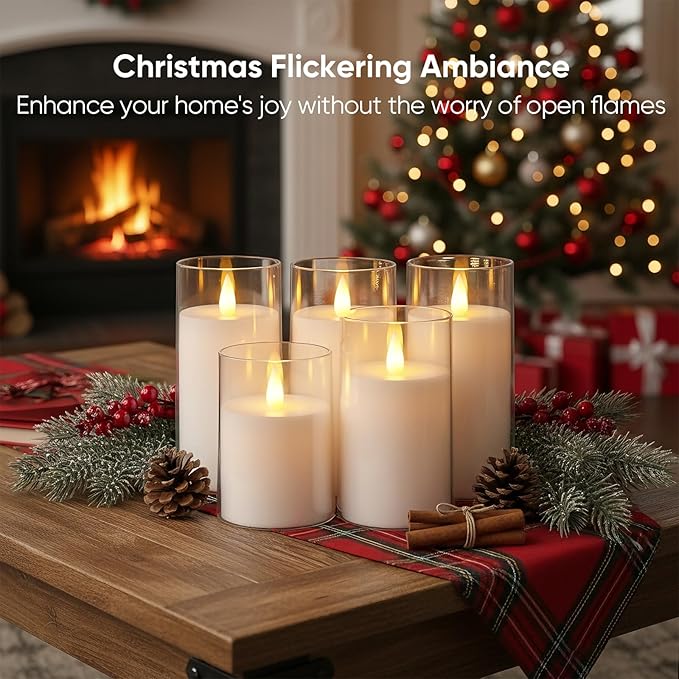 Amagic 3"×4" 5" 6" 6" 6" White Flameless Candles with Remote and Timer, Realistic Flickering Battery Operated Acrylic Led Fake Candles for Home Wedding Party Fall Christmas Decor, Set of 5