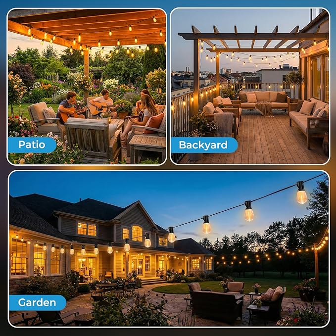 50FT S11 LED Outdoor String Lights with App & Remote, Low-Voltage Patio Lights with Music Sync, 4 Lighting Modes, Dimmable, Waterproof LED Outdoor Lights for Porch, Deck, Garden, Backyard
