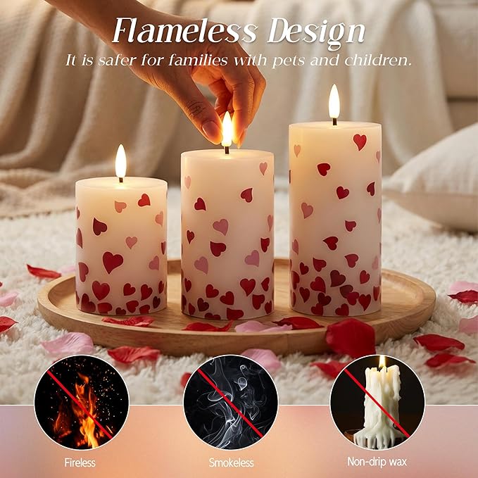 Flameless Pillar Candles with Remote, 3 Pack Battery Operated Real Wax LED Candles, Perfect for Home Decorations Fireplace Table, Heart Sticker