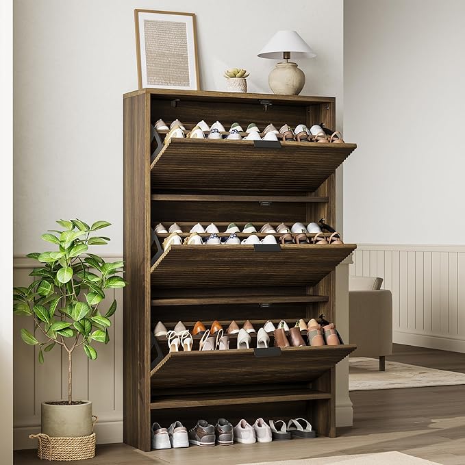Garvee Shoe Storage Cabinet for Entryway, Fluted Shoe Cabinet with 3 Flip Drawers Doors, 32" Wide Hidden Shoe Rack Tall Freestanding Shoe Organizer for Entrance, Hallway, Living Room, Walnut