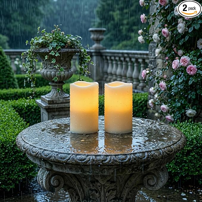 5plots 3" X 5" Outdoor Waterproof Candles, Battery Operated Led Ivory White Flameless Candles with 10-Key Remote & Timer for Indoor Home Lantern Holiday Decor, Set of 2