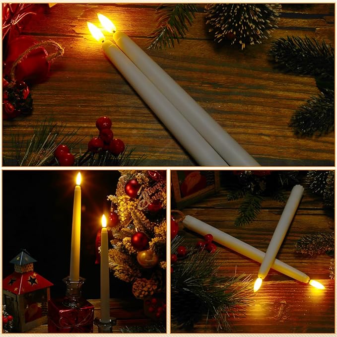 Baquler 6 Pcs Flameless Ivory Taper Candles Bulk Flickering LED Candles Taper Warm White Light LED Candlesticks for Christmas Wedding Home Decoration No Remote Control, 9.6 Inch