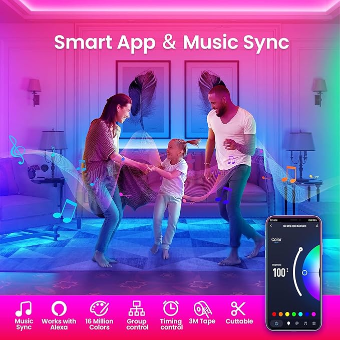 TJOY 100ft Smart Led Strip Lights for Bedroom, Compatible with Alexa, RGB Color Changing Music Sync Led Lights with App Remote,Multi-Color Wireless Led Strip Lighting for Bedroom (APP+Remote+Voice)