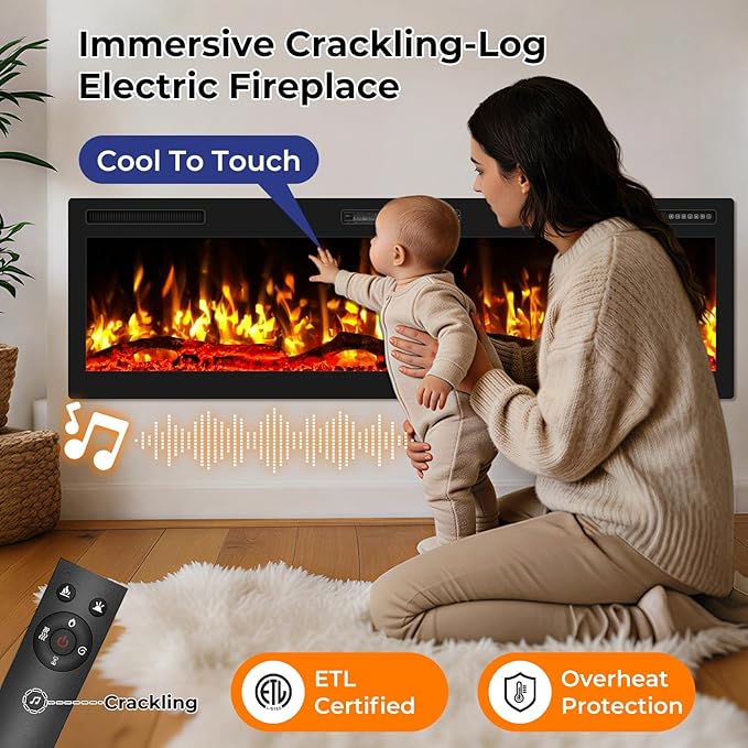 60" Smart WiFi Electric Fireplace with Sound Crackling Narrow Bezel Recessed and Wall Mounted Fireplace Heater with App, Remote Control, Log Flame Option, 750/1500W