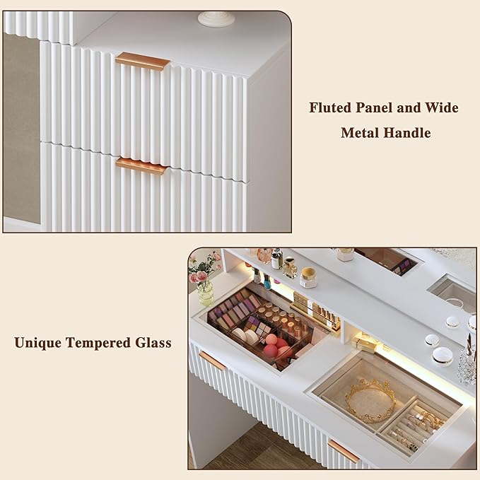 Fluted Vanity Desk with Mirror and Lights, Makeup Vanity Desk with Glass Top, Nightstand & Fluted Panel Design, 5 Drawers, 3 Colors Lighting Adjustable Brightness, Power Outlet, White
