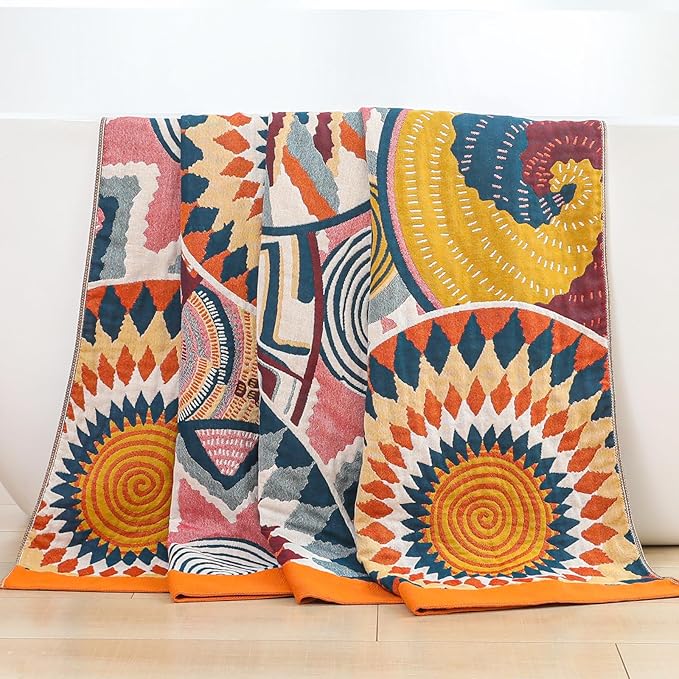 Boho Cotton Muslin Twin Size Bed Throws,100% Cotton Rustic 4 Layer Reversible Colorful Woven Blankets, Washable Breathable Mexican Decor Bed Blankets 60"×80" for Couch Sofa All Seasons