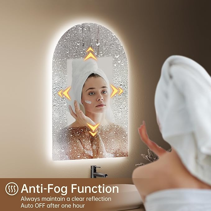 Arched Backlit Mirror Bathroom 20"x30"- Frameless LED Bathroom Mirror with Lights, Fogless, Dimmable, 3 Color Changing, Shatterproof, Touch Sensor