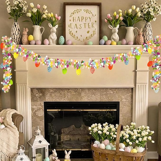 8.5Ft Easter Garland Lights with 10L LED Easter Egg String Lights Plug in and Pastel Tinsel Spring Garland Decorations for Indoor Holiday Home Bedroom Classroom Easter Decor