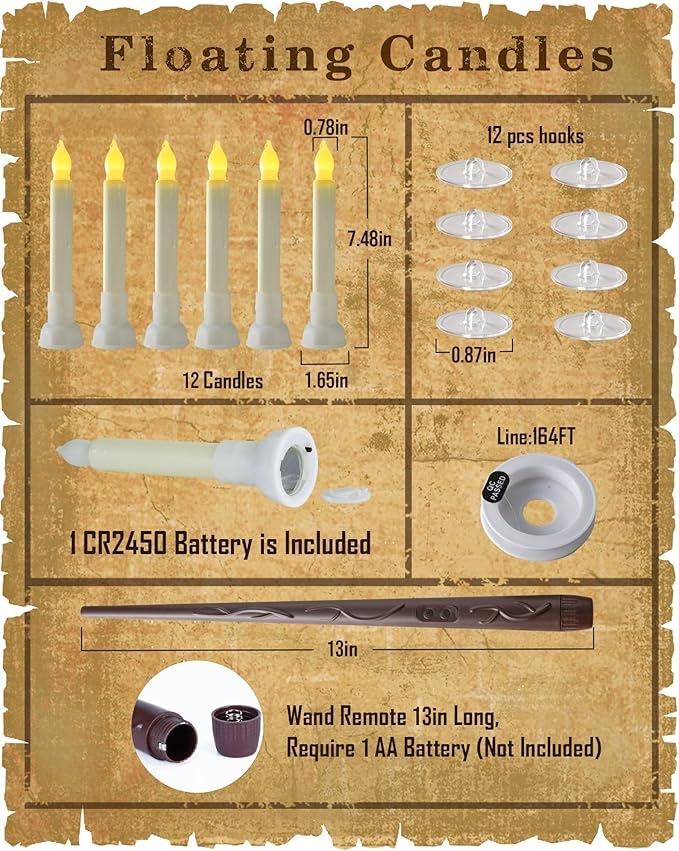 Amagic Batteries Included Floating Candles with Wand Remote, 12pcs Flickering Warm Light Flameless Taper Candles, Magic Hanging Candles with Base for Birthday Party, Halloween Decorations