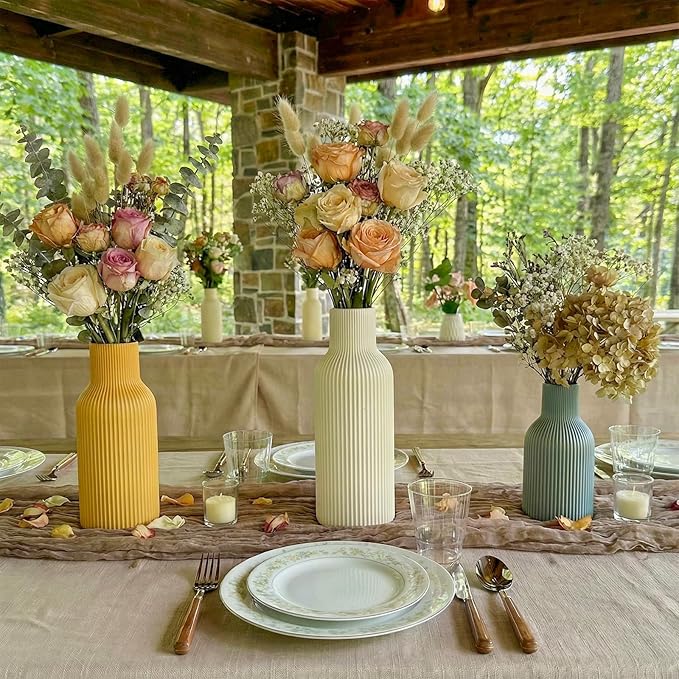 Colorful Ceramic Vases Set of 3 (White, Yellow, Blue) - Modern Matte Ribbed Color-Block Vases for Dried Flowers - Scandi Boho Decor Centerpieces for Living Room & Shelf