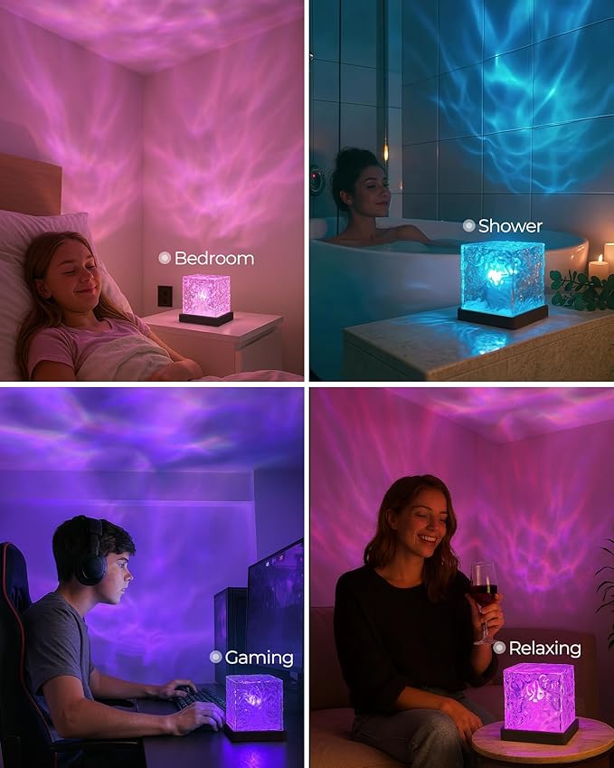 Rechargeable Shower Light Cube, 16 Color Ocean Wave Projector Light Battery Operated, Waterproof Shower Mood Lighting with Remote, Relaxing Bath Lights, Ocean Lamp for Bathroom, Bedroom, Ocean Gifts