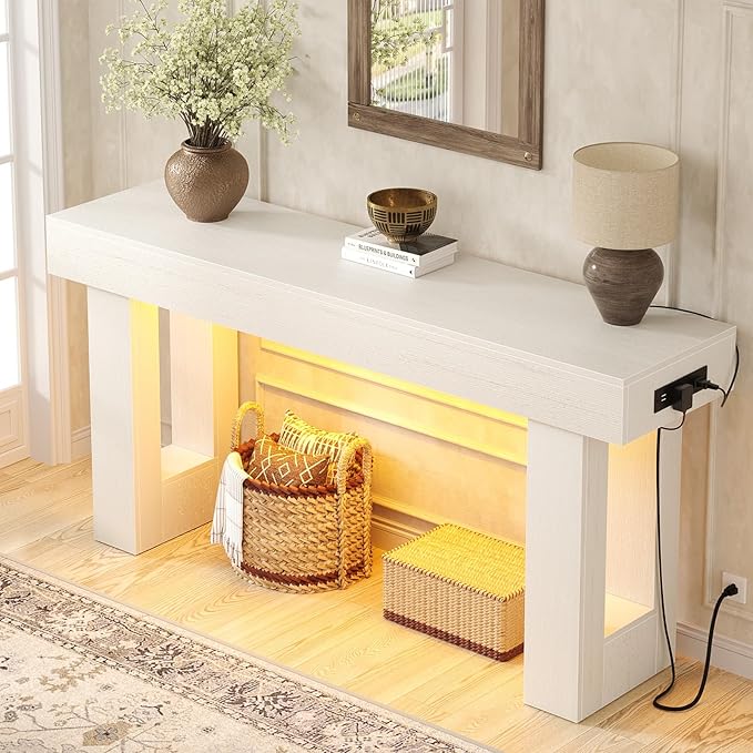 Unikito 63'' Farmhouse Console Table with Power Outlets and Sensor Light, Wooden Entryway Table with Storage, Rectangular Sofa Tables Behind The Couch for Entrance, Hallway, Living Room, Antique White