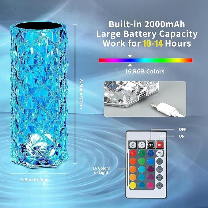 2 Pack Crystal Table Lamp, Remote and Touch Control Rose Wave Lamp, RGB Color Changing Night Light, Dimmable, USB Rechargeable Decoration Ambient Lighting for Dinner/Bars/Game Room/Living Room/Bedroom