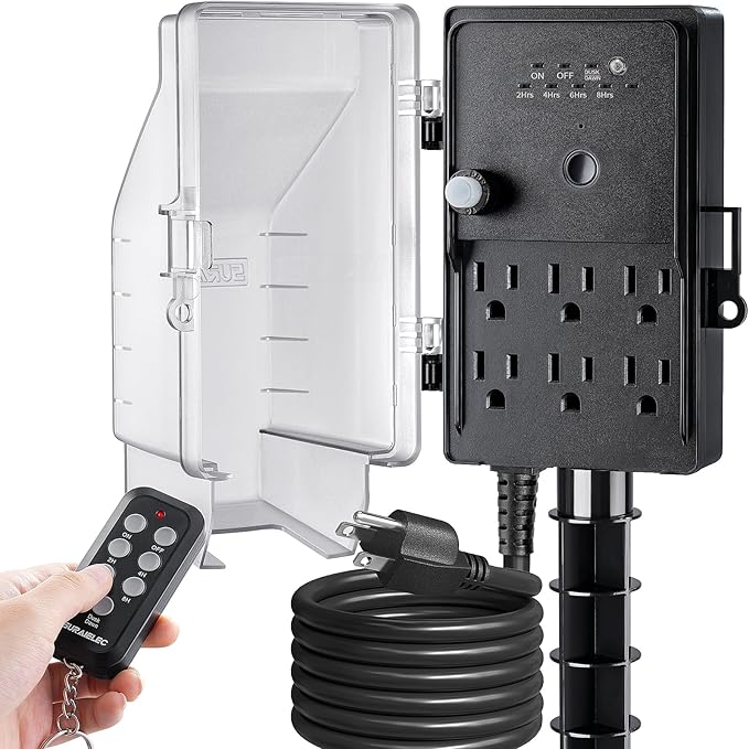 SURAIELEC Outdoor Power Stake Timer Waterproof, 100FT Wireless Remote Control, Photocell Dusk to Dawn Timer, 6 Electrical Outlets, 6FT Extension Cord, for Halloween Decoration, Outdoor Lights, Garden