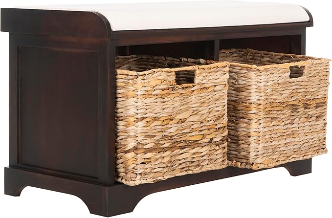 SAFAVIEH Home Collection – Freddy Brown Storage Bench with Wicker Baskets & Cushion, Entryway Seating Bench, Fully Assembled (AMH5736A)