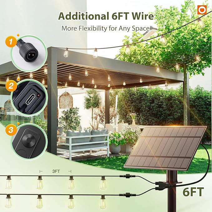 addlon 102(96+6) FT Solar String Lights Waterproof,Patio Light Solar Powered with Remote & USB Port 3 Modes, 30+2 LED Shatterproof Bulbs Outdoor Lighting for Camping Backyard Garden