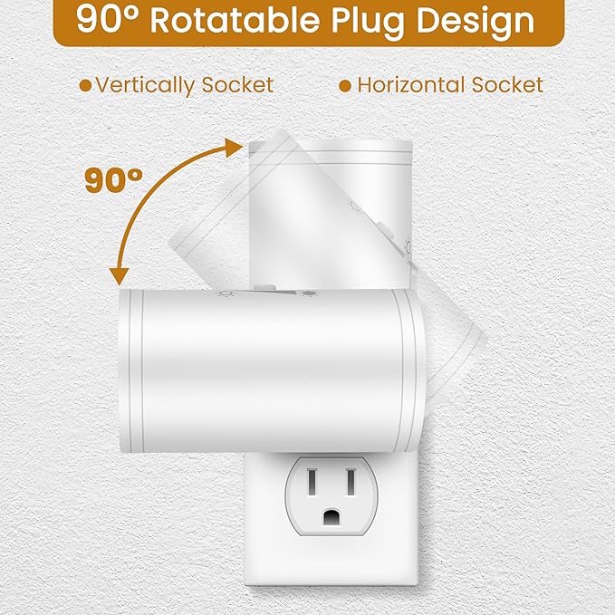 4 Pack LED Plug-in Wall Night Light with Dimmable 0-300 Lumens, 2700K Warm White, Auto On/Off Light Sensor & Adjustable Head for Hallway, Stairs, Bedroom