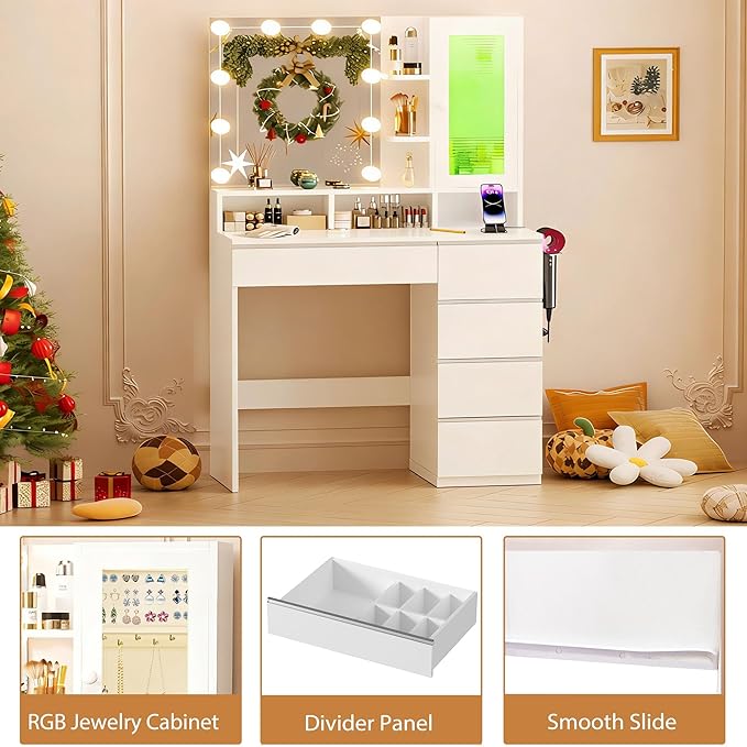 Vanity Desk with LED Lights Mirror, Makeup Table with Power Outlet for Ladies and Girls, 35.43" RGB Light Makeup Desk with 6 Storage Drawers for Bedroom, White 2