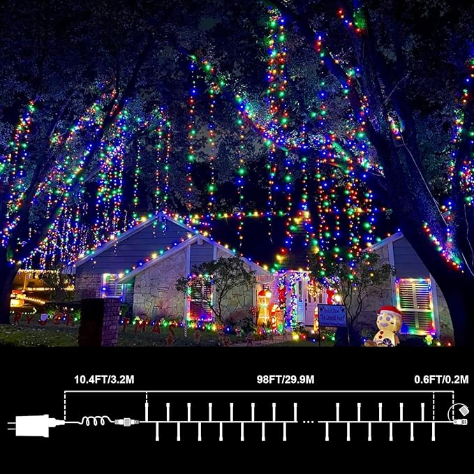 99ft Christmas Decorative Mini Lights, 300 LED Transparent Wire Fairy Starry String Light Plug in, 16Lighting Modes for Indoor Outdoor Xmas Tree Wedding Party Decoration (White and Multicolor)