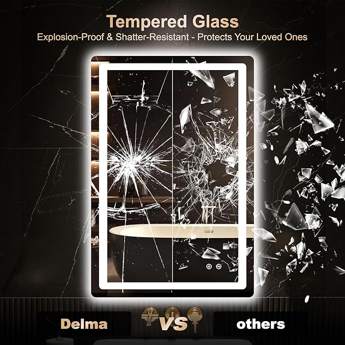 Delma LED Bathroom Mirror with Lights, 36x24 Vanity Mirror for Bathroom Wall, Anti-Fog, Dimmable, Front Lit & Backlit, Memory Function, Shatterproof Tempered Glass, 3 Color Modes(Horizontal/Vertical)