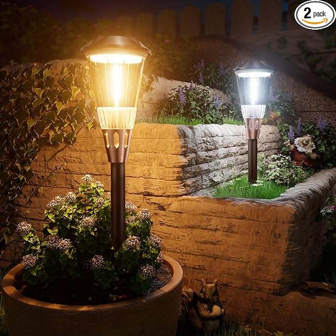 2-in-1 Warm&Cool Solar Pathway Lights Outdoor, 2 Pack Solar Garden Lights Waterproof IP65, Auto On/Off Outdoor Light for Yard Garden Walkway Landscape Lighting