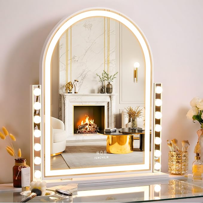 FENCHILIN Arched Vanity Mirror with Lights, 32“ x 26" LED Makeup Hollywood Vanity Mirror with 14 Dimmable Bulbs& LED Strip Smart Touch Control Detachable 10X Magnification White