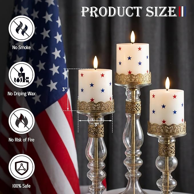 4th of July Flameless Pillar Candles with Red White and Blue Star Stickers, Battery Operated LED Pillar Candles with Remote and Timer, Real Wax Patriotic Candle Set of 3