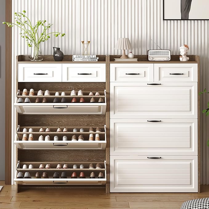 Narrow Shoe Cabinet with 2 Slide Drawers & 3 Flip Drawers, Modern Freestanding Shoes Rack Storage Organizer with Open Top for Entryway, Hallway, Bedroom, Mudroom (Brown)