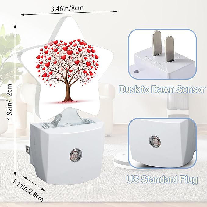 Tree of Love Night Light,Red Love Heart Plug-in Star Night Lights with Dusk-to-Dawn Sensor for Bedroom,Bathroom,Living Room Sleep Friendly Lamp for Women Girls Boys Gift,0.5W