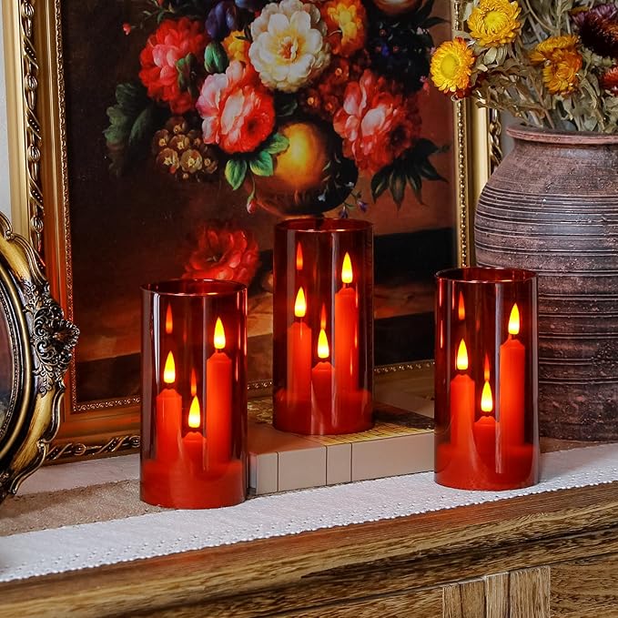3 in 1 Flameless Taper Short Candles with 10 Key Remote Control and Timer, Battery Operated Pack of 2 LED Acrylic 3" x6" Red Pillar Flickering Warm Light