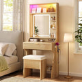 Small Vanity Desk with Mirror and Lights, Sound Sync LED Lights, Fluted Wood Compact Makeup Vanity Table Set with Teddy Fleece Chair, Storage Drawer, Shelves, Bedroom (Oak)
