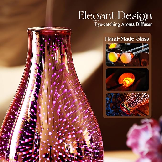 Porseme Essential Oil Diffuser 3D Glass Aromatherapy Ultrasonic Humidifier Cool Mist, Auto Shut-Off, Timer Setting, BPA Free for Home Office Hotel Yoga Gym Leisure SPA Gift 100ml
