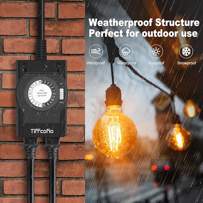 TiFFCOFiO Digital Outdoor Timer Outlet Waterproof, Dial Programmable Method, 2 Grounded Electrical Outlets for Pool Pump and Lights, 6 Sets of Programs, 15A/1875W (Mechanical, 1 Pack)