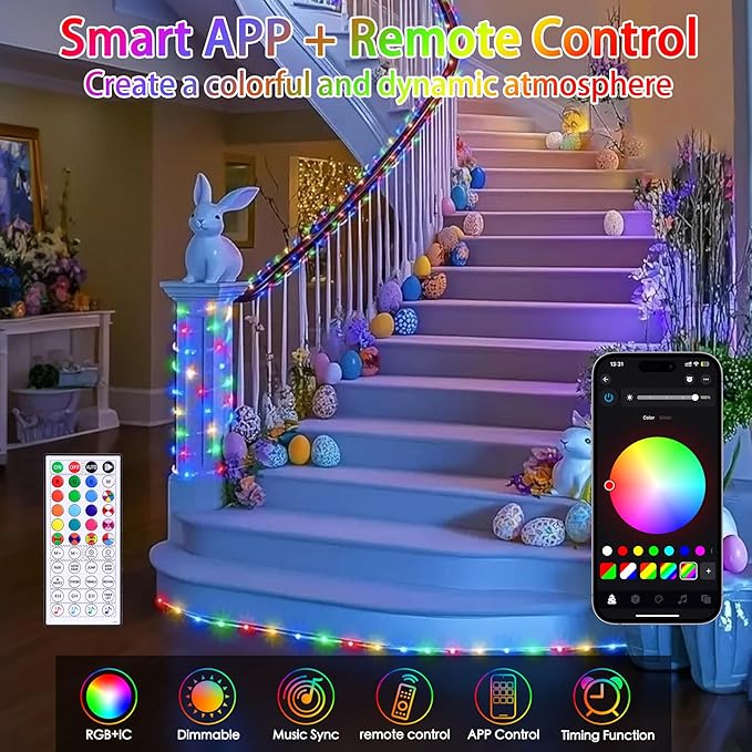 66ft LED Rope Lights for Outside, Outdoor String Light Waterproof Plug in with Remote & APP Controlled, 16 Million Colors Changing Music Sync Tube Lighting for Indoor Bedroom Christmas Decor