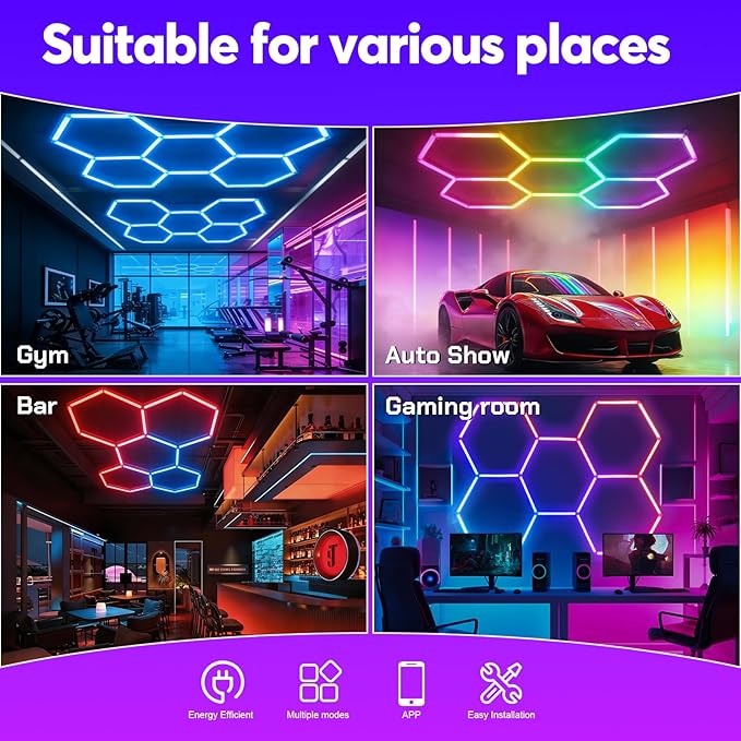 RGB Hexagon led Garage Lights, 5Hexagon Light with Music sync, Dimmer, Smart App/Remote Control, Timer, DIY Color Changing Hex Wall Lights, Honeycomb Light for Gaming Room, Gym, Garage